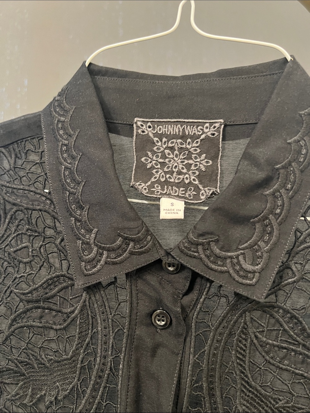 Johnny Was Black Embroidered Scalloped Collar Button Shirt